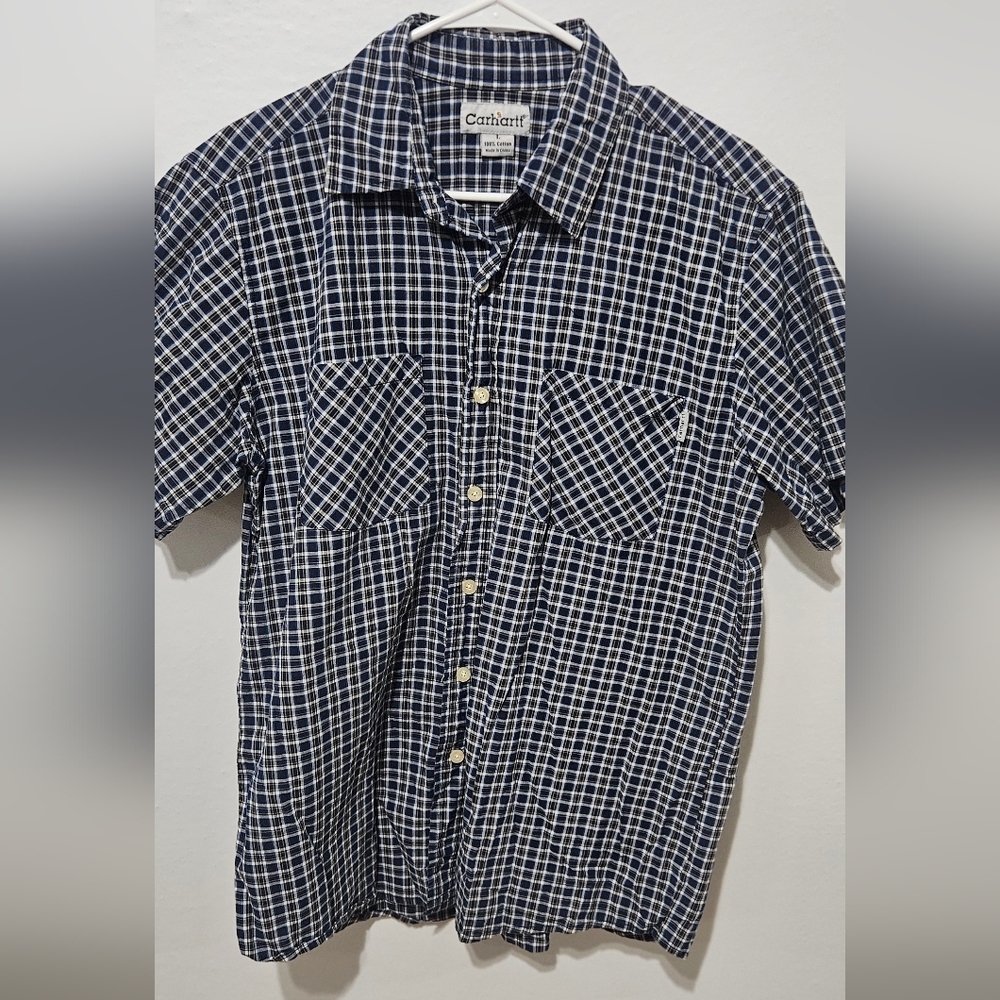 Carhartt Short Sleeve Blue Plaid Relaxed Fit Button Down Mens L  100% B10